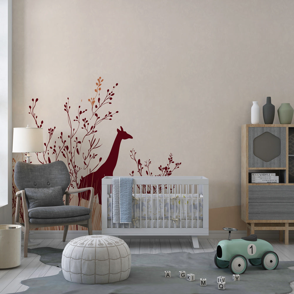 Safari giraffe wallpaper creating peaceful atmosphere in children's bedroom decor
