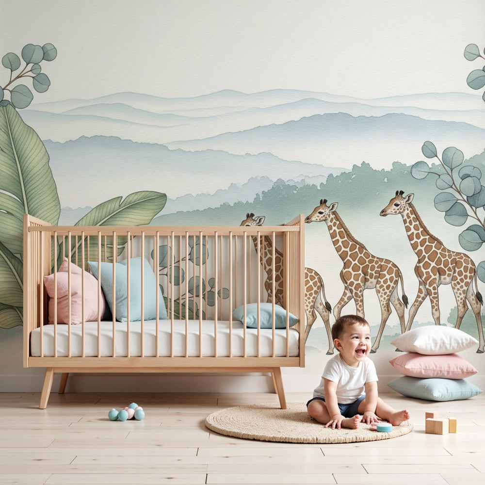 Elegant giraffe mural wallpaper creating peaceful safari nursery decor by Kids-Mundo