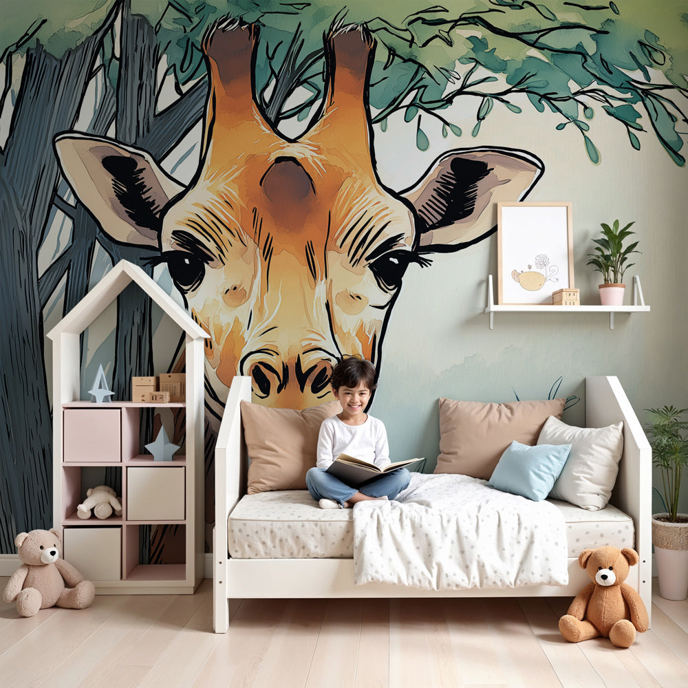 Curious giraffe mural wallpaper in modern nursery with natural wood furniture by Kids-Mundo
