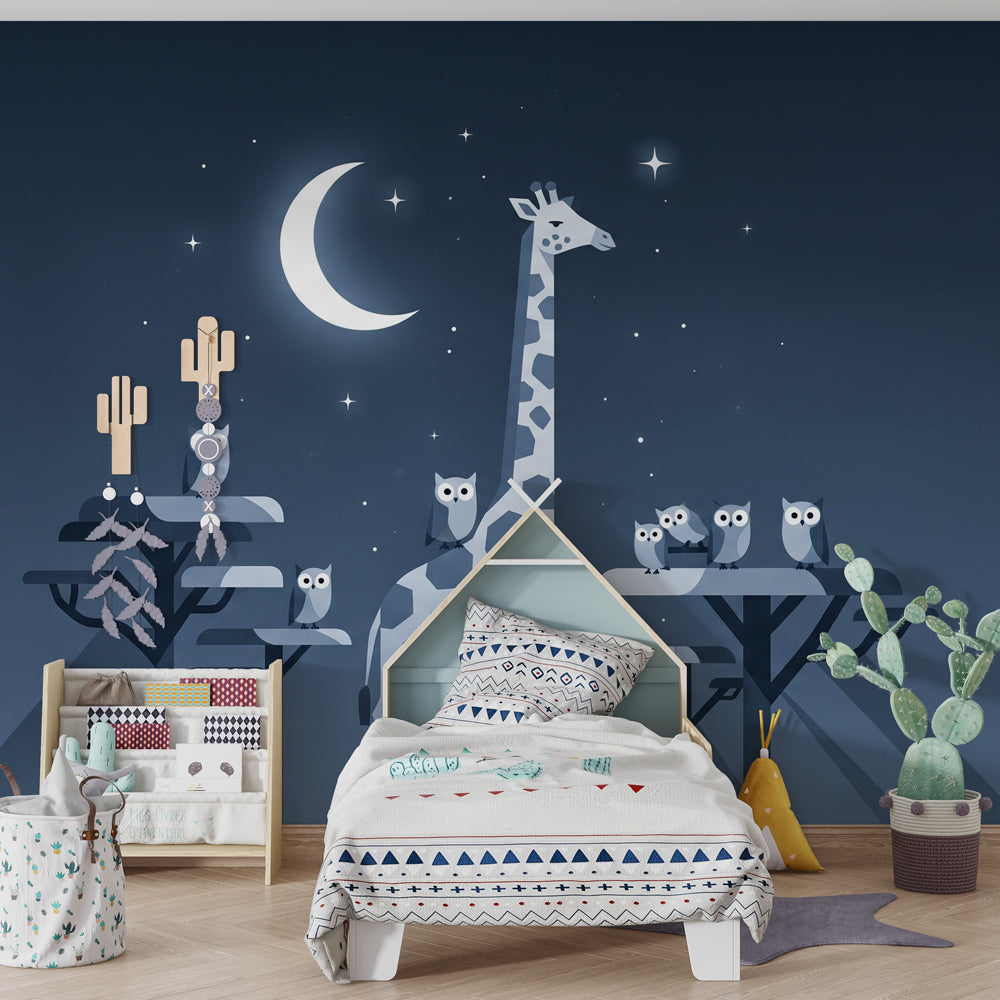 Moonlit giraffe owl wallpaper creating magical atmosphere in children's bedroom with soft lighting