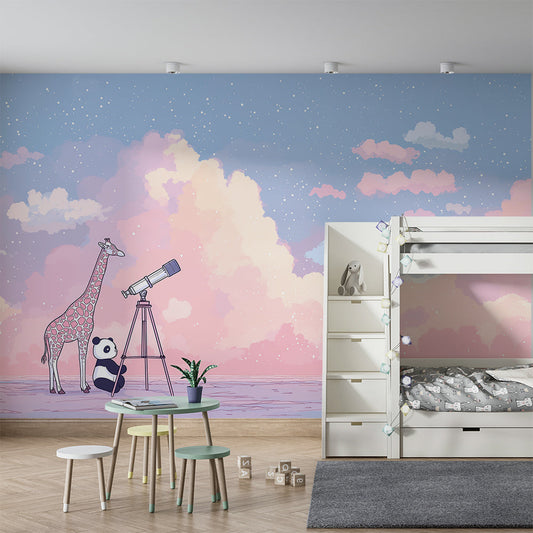 Kids-Mundo stargazing giraffe wall mural covering a feature wall in a child's bedroom