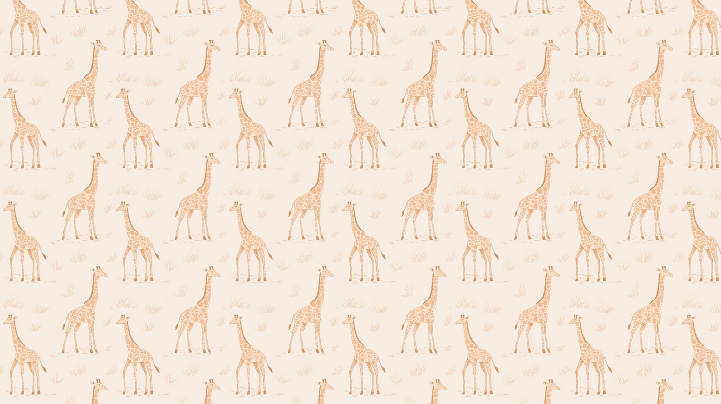 Kids-Mundo flat artwork of a repeating giraffe and calf pattern in warm tan tones on soft cream.