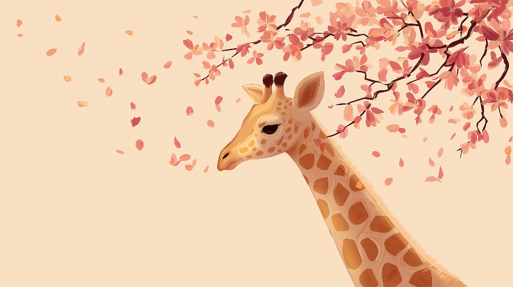 Giraffe Under Pink Blossom Branches Wall Mural