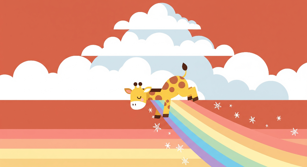 Kids-Mundo rainbow wall mural flat artwork showing a giraffe sliding down a rainbow trail