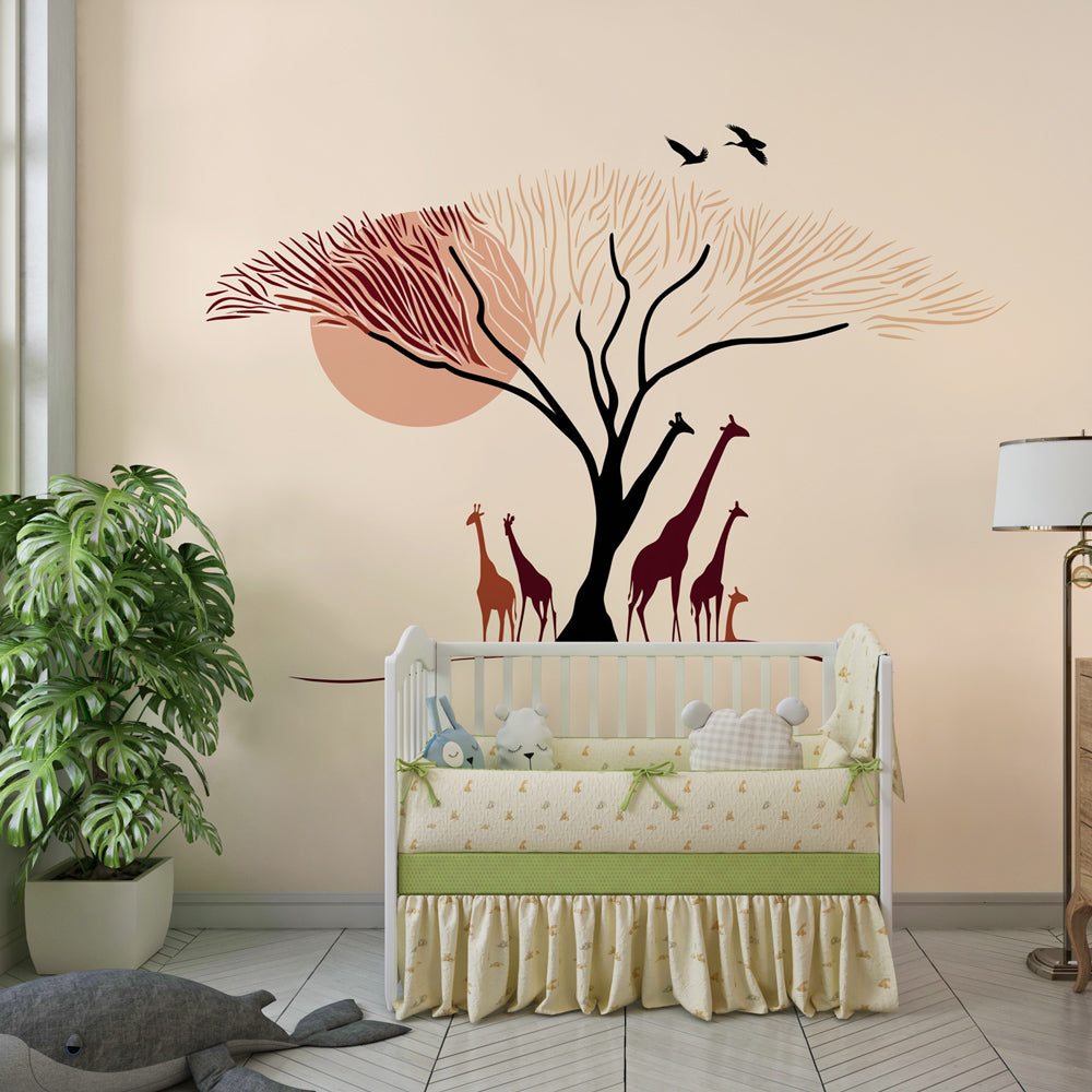 African giraffe wallpaper creating serene kids bedroom atmosphere with beige tones