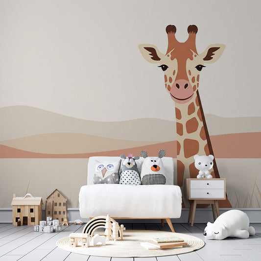Kids-Mundo giraffe wall mural covering a feature wall in a warm, animal-themed children's bedroom.