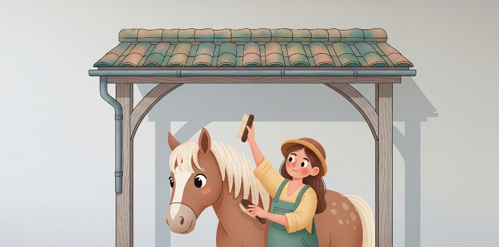 Girl Grooming a Horse Under a Stable Wall Mural