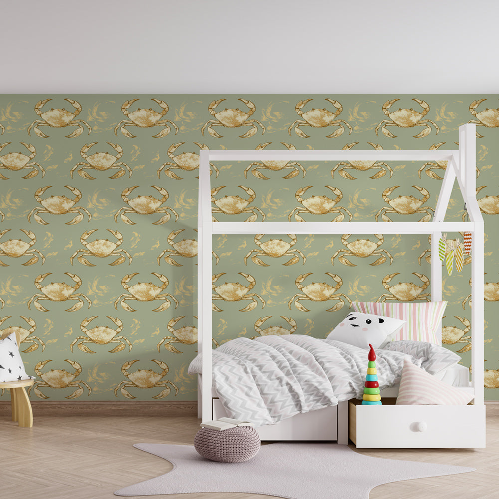 Ocean-themed golden crab wallpaper creating marine adventure atmosphere in kids bedroom