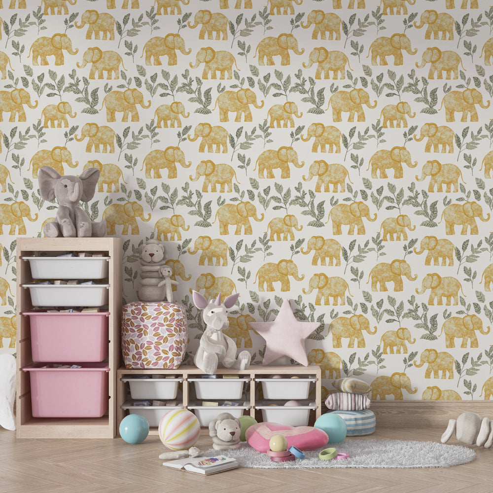 Safari elephant wallpaper creating magical children's bedroom with natural decor elements