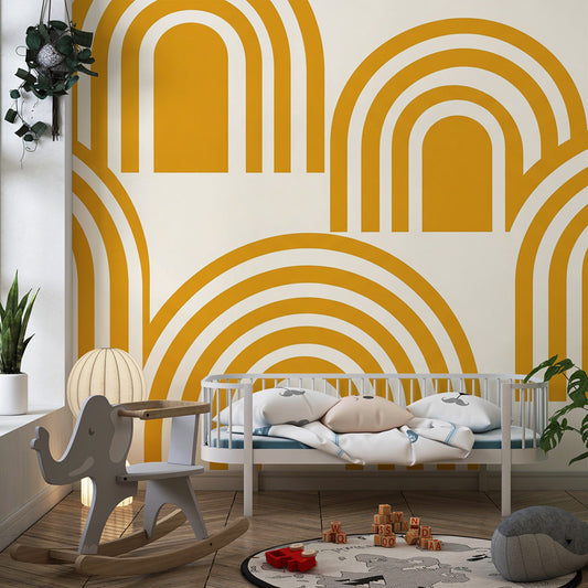 Kids bedroom with the Kids-Mundo mustard rainbow arch pattern wall mural