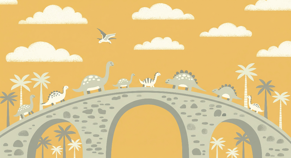 Dinosaurs Crossing a Golden Sky Stone Bridge Wall Mural