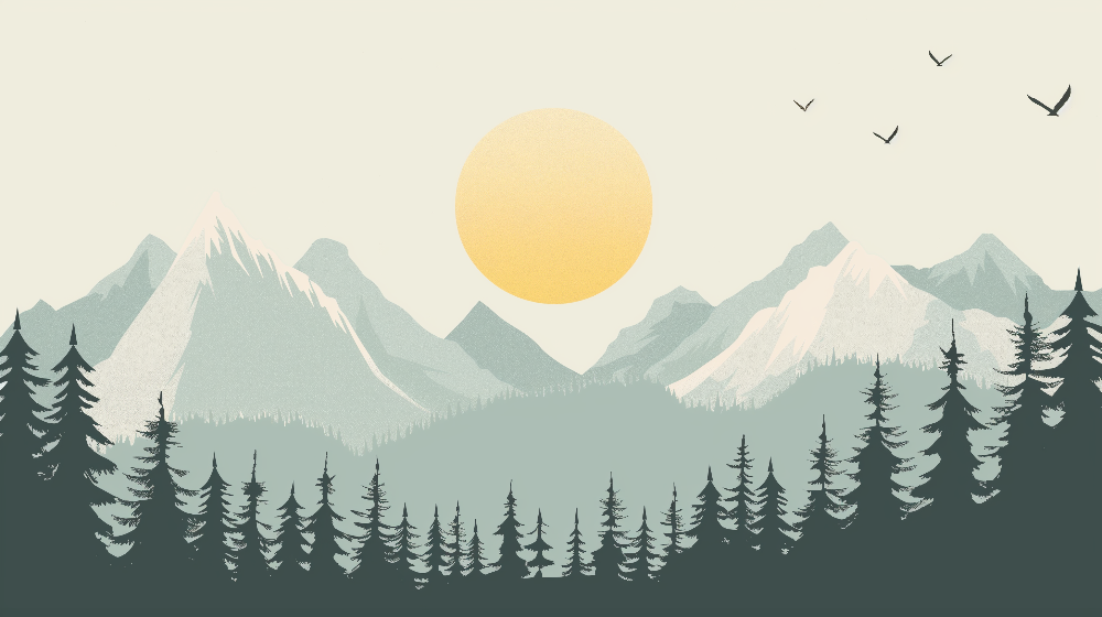 Kids-Mundo flat artwork of a golden sun over layered teal mountains and pine trees.