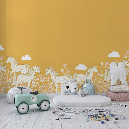 Kids-Mundo unicorn herd and rainbow wall mural covering a feature wall in a kids bedroom