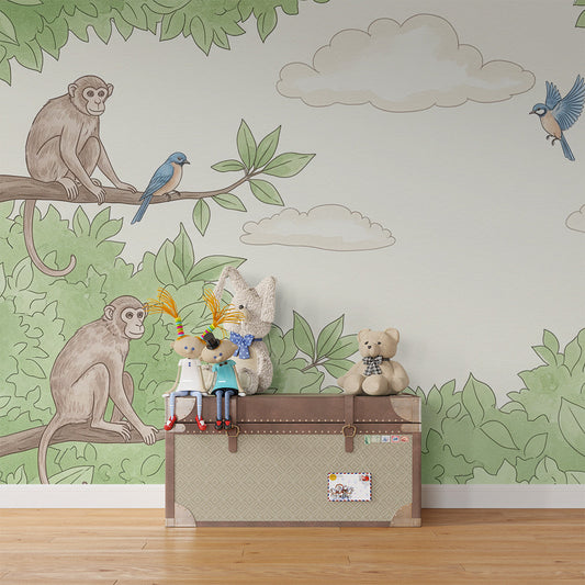 Kids-Mundo monkey and leafy canopy wall mural fitted made to measure on a kids bedroom wall.