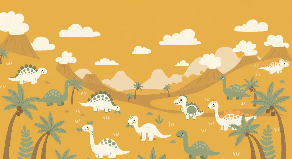 Green Dinosaurs in a Golden Volcano Valley Wall Mural
