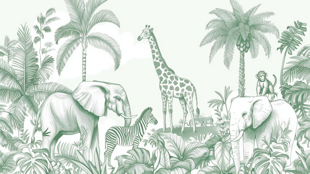 Kids-Mundo flat artwork preview of the full green line-art safari wall mural design.