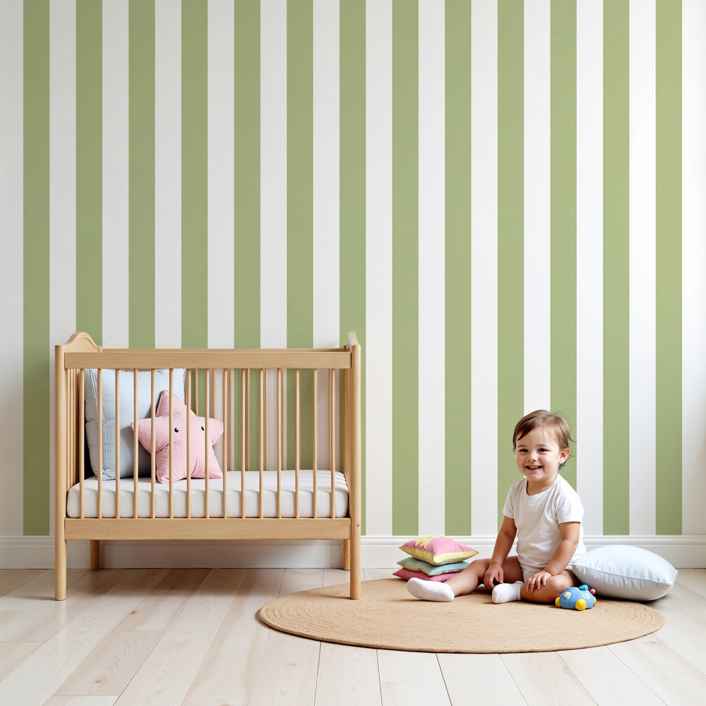Soft green stripe mural wallpaper in peaceful nursery setting by Kids-Mundo