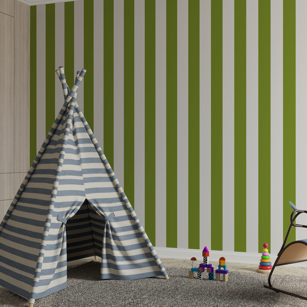 Calming green and white striped wallpaper creating serene children's bedroom atmosphere