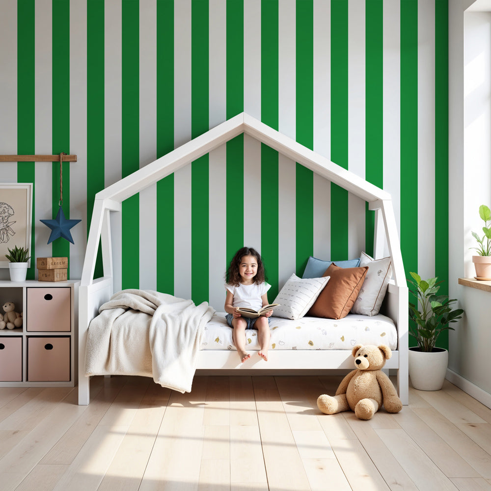 Green striped mural wallpaper in modern nursery room with natural wood furniture by Kids-Mundo