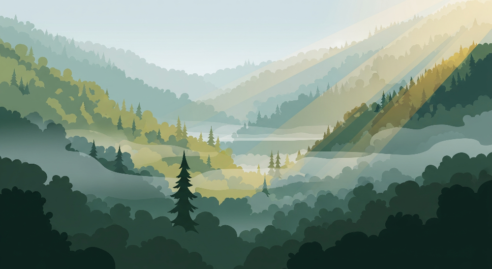 Green Valley Forest With Sunbeams Wall Mural