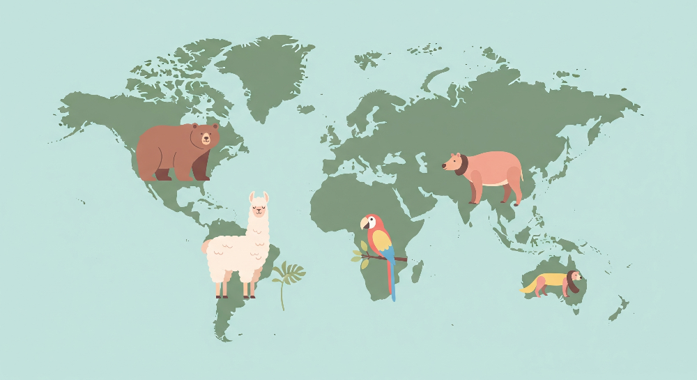 Flat artwork of the Kids-Mundo green world map design with bear, llama and macaw