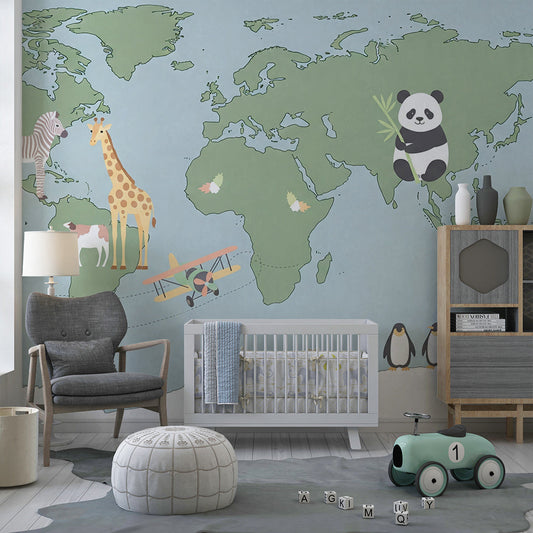 Kids-Mundo world map mural with panda and zebra on a green kids bedroom wall