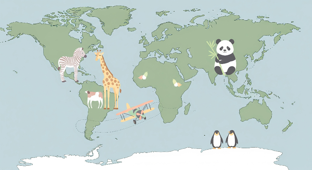 Green World Map with Giraffe, Panda and Biplane Wall Mural