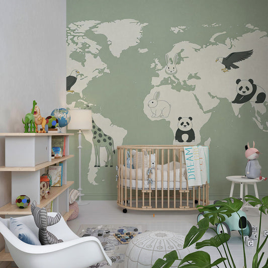 Kids-Mundo green world map wall mural with rabbits and eagle covering a wall in a kids' bedroom