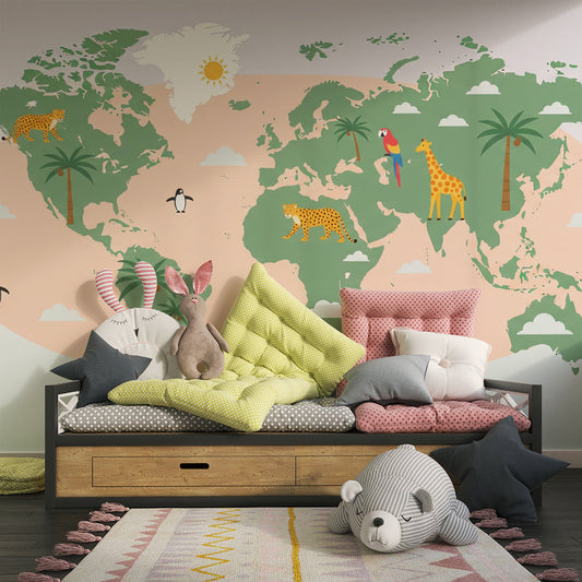 Kids-Mundo green world map wall mural covering a wall in a sunny, warm-toned kids bedroom