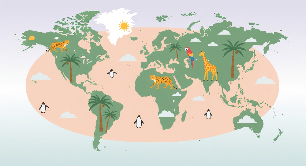 Kids-Mundo flat artwork of a green world map with palm trees, cheetah, giraffe and penguins