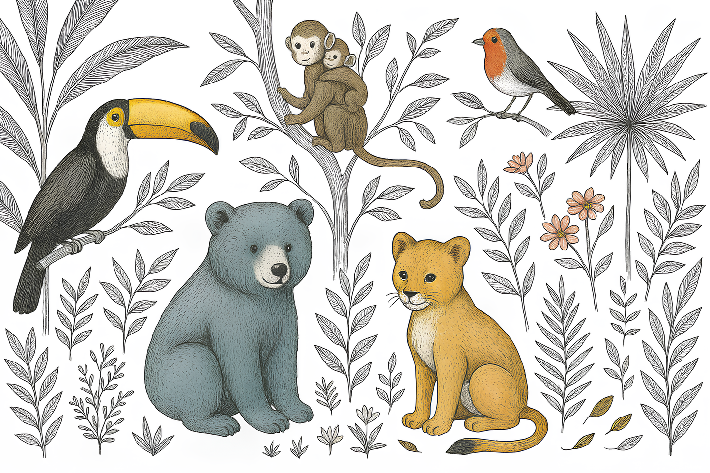 Kids-Mundo flat artwork preview of the grey line art jungle animals wall mural design