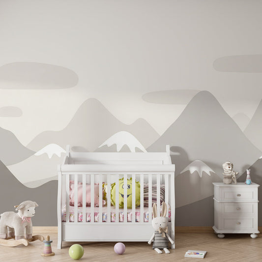 Kids-Mundo grey minimalist mountain mural behind a bed in a modern kids bedroom.