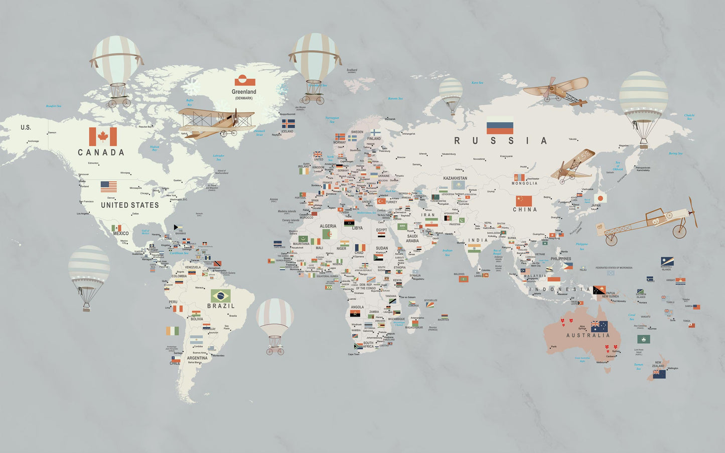 Kids-Mundo grey world map wall mural artwork, cream continents with striped balloons and vintage biplanes.
