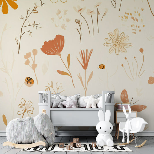 Kids-Mundo wildflower and ladybird wall mural featured behind a bed in a kids bedroom
