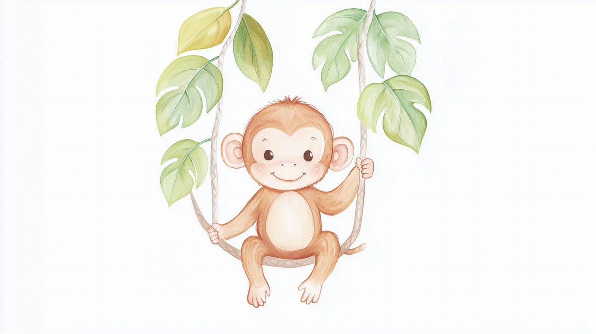 Happy Baby Monkey Swinging on Vines Wall Mural