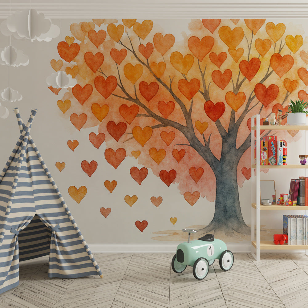 Watercolor heart tree wallpaper creating romantic atmosphere in children's bedroom space
