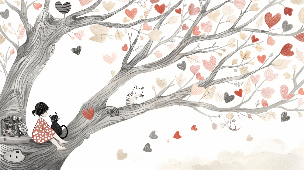 Enchanted Heart Tree with Playful Cats Wall Mural