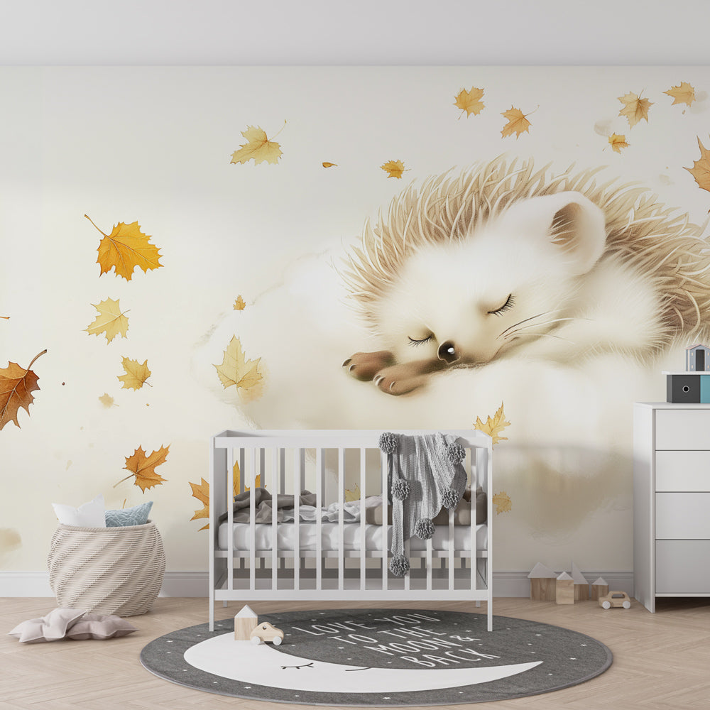 Autumn hedgehog wallpaper creating peaceful atmosphere in children's bedroom