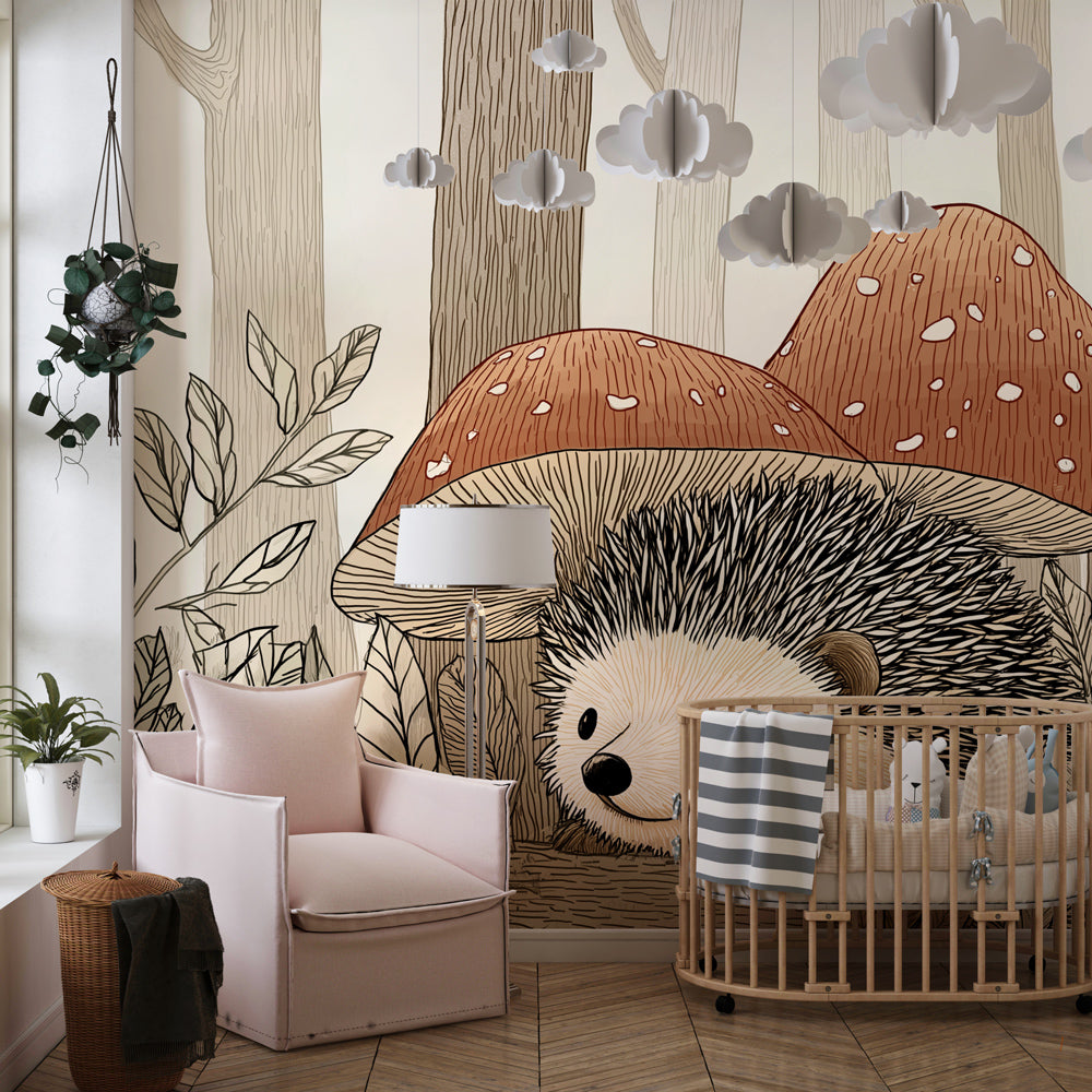 Woodland hedgehog mural wallpaper creating magical kids bedroom with mushroom theme