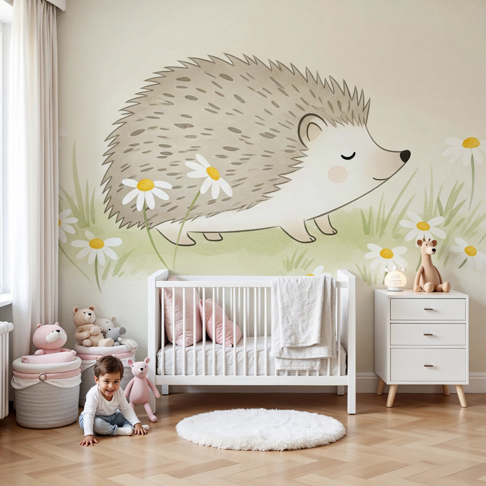 Hedgehog mural wallpaper creating serene nursery decor with daisy field design by Kids-Mundo