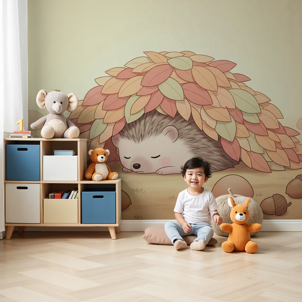 Hedgehog mural wallpaper in cozy nursery setting with wooden crib and natural decor by Kids-Mundo