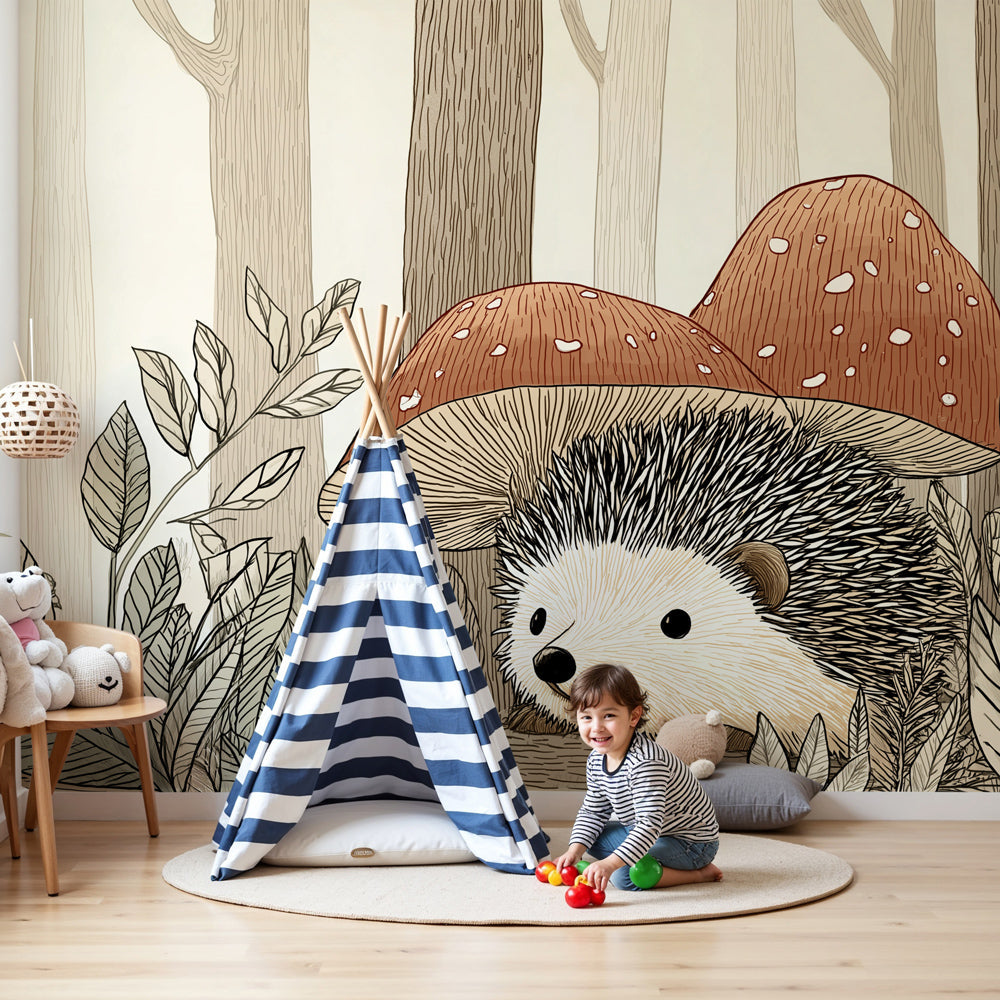 Hedgehog forest mural wallpaper in cozy nursery with natural wood crib by Kids-Mundo