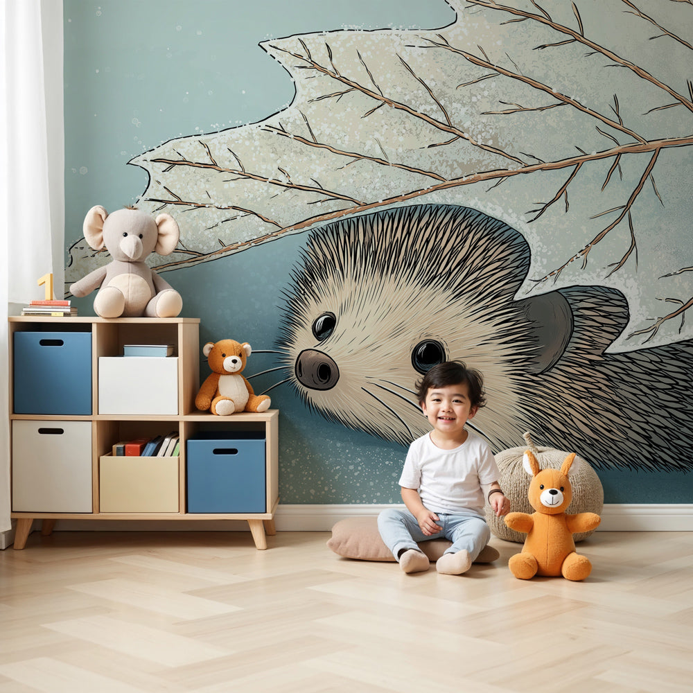 Hedgehog autumn leaf mural wallpaper in cozy nursery setting by Kids-Mundo