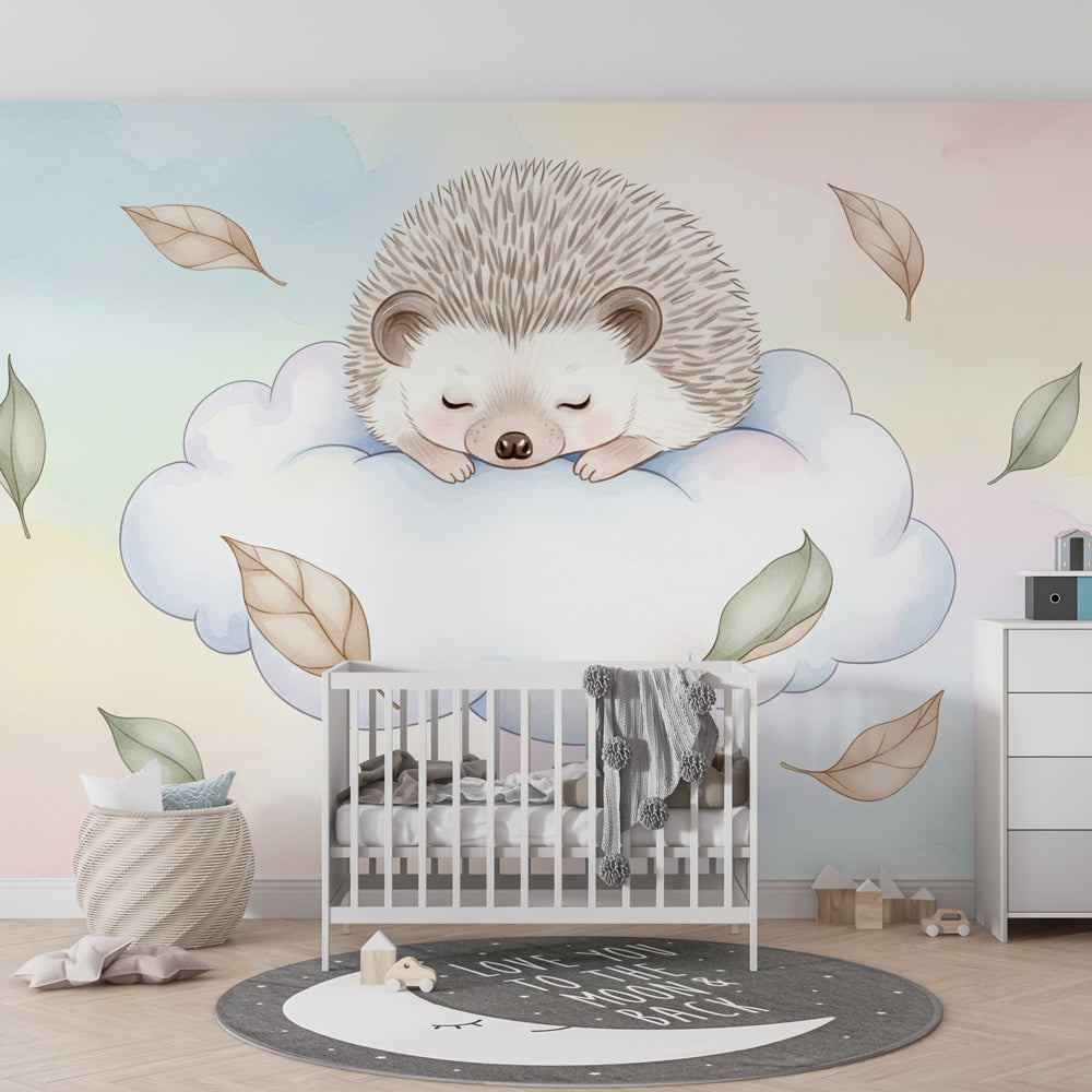 Dreamy hedgehog wallpaper with floating leaves creating peaceful children's bedroom decor