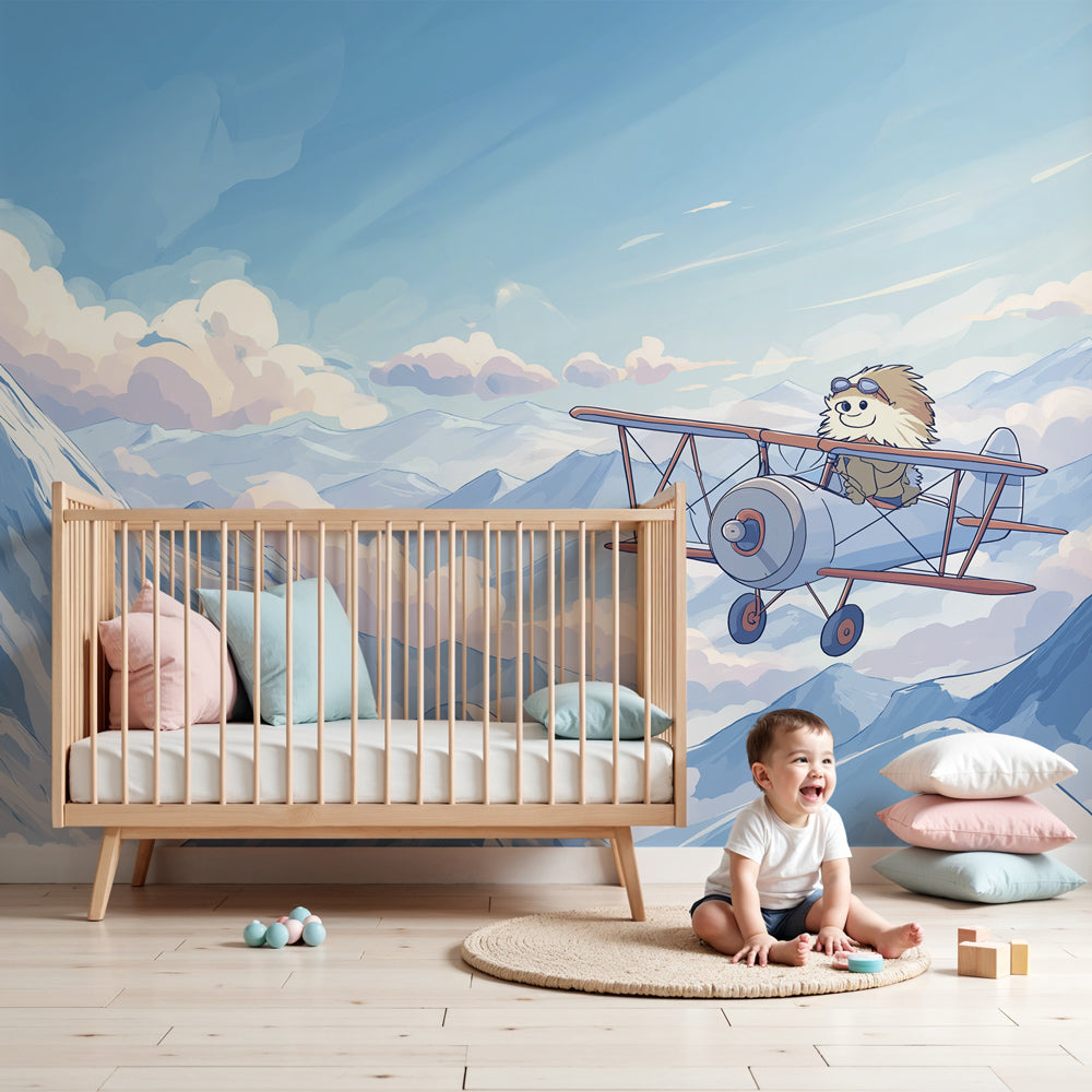 Hedgehog pilot mural wallpaper creating magical aerial adventure theme in modern nursery by Kids-Mundo