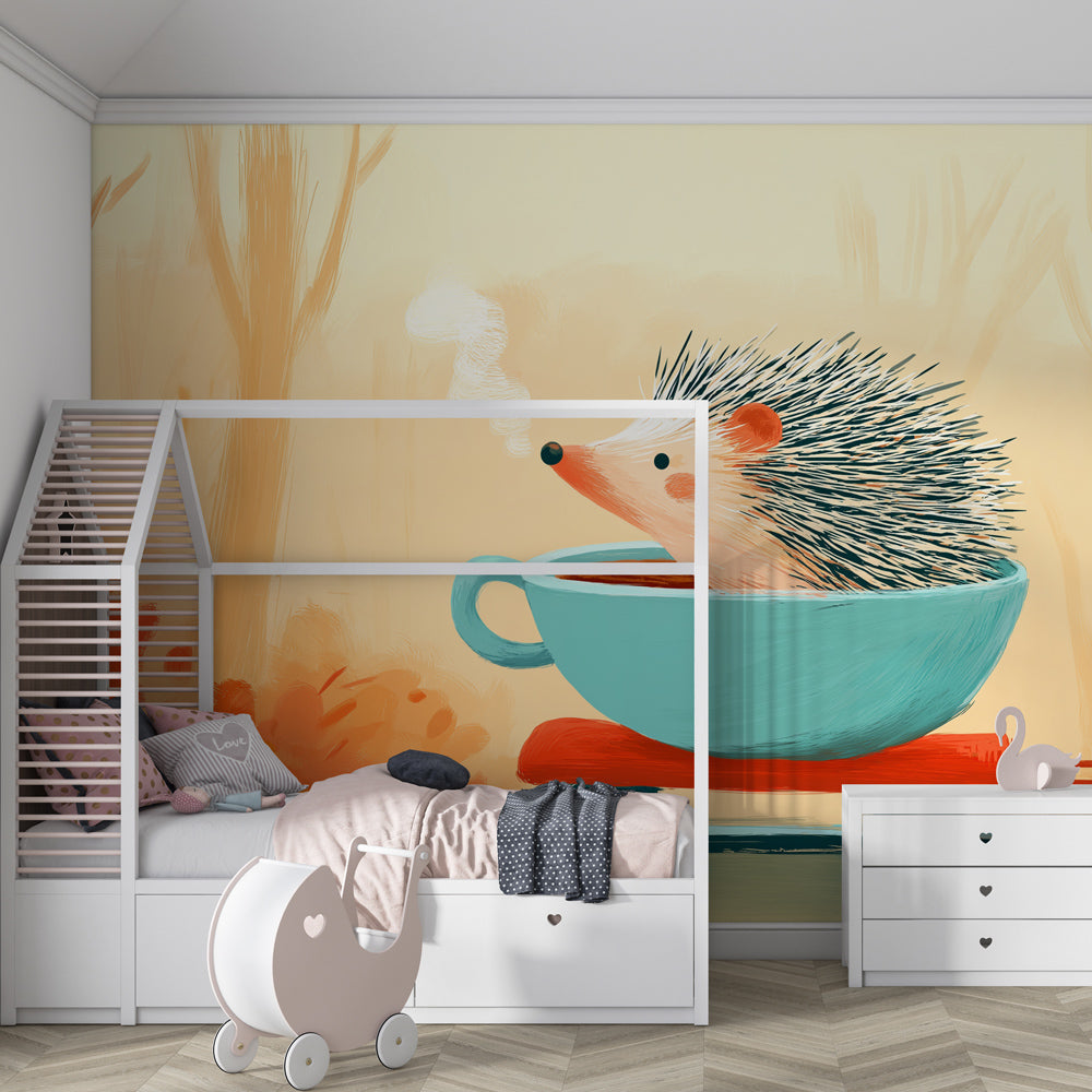 Playful hedgehog teacup adventure mural wallpaper decorating children's bedroom wall
