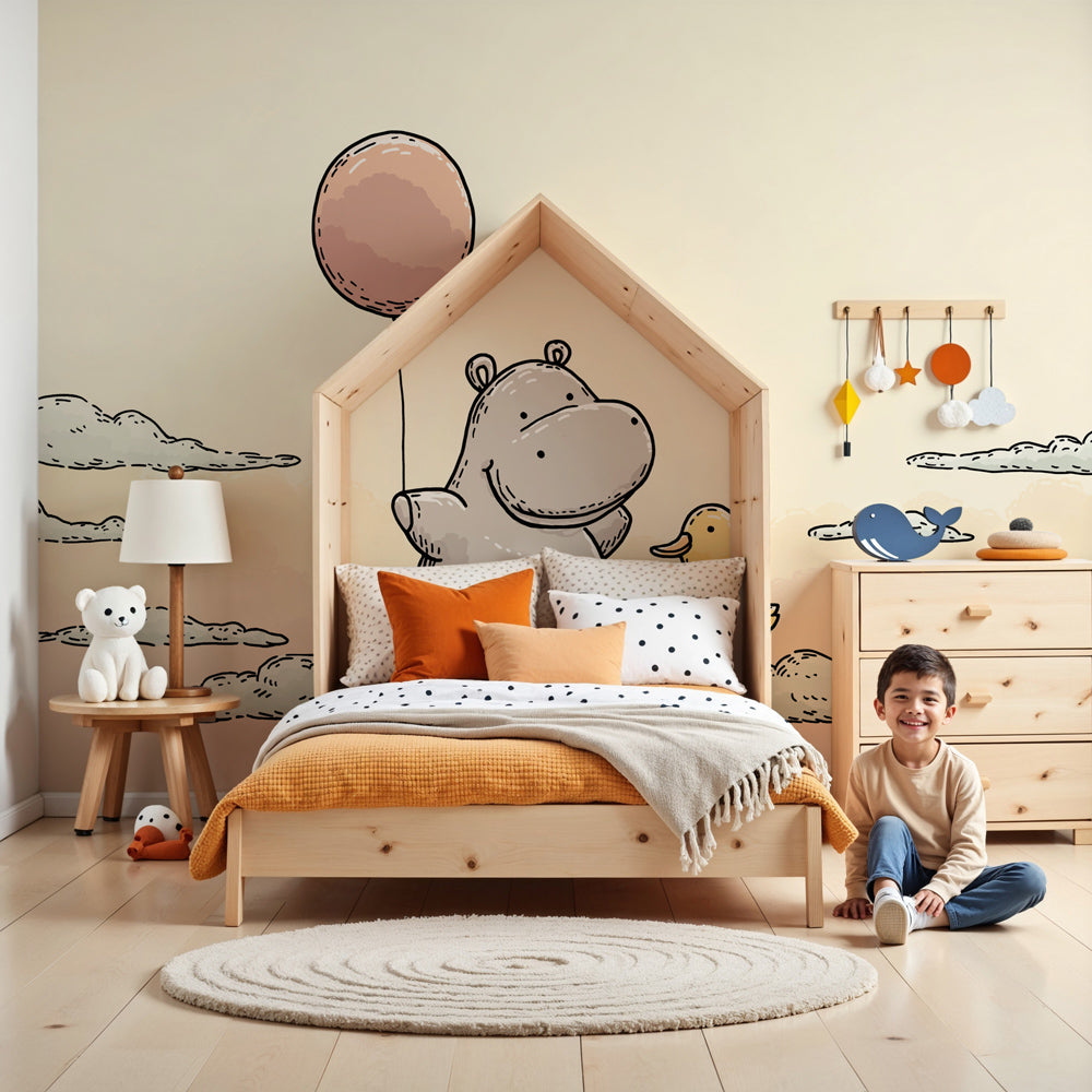 Happy hippo cloud mural wallpaper creating whimsical baby nursery atmosphere by Kids-Mundo