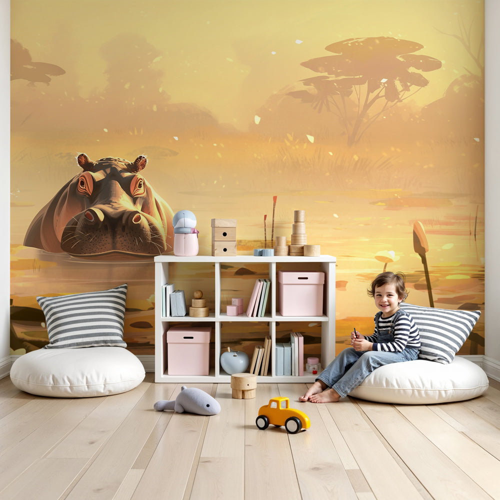 Peaceful hippo mural wallpaper in modern nursery with natural wood furniture by Kids-Mundo