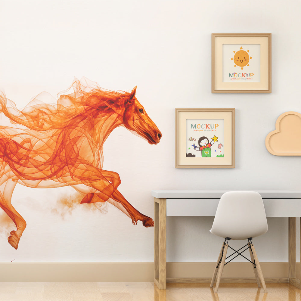 Orange fluid art horse wallpaper creating artistic focal wall in children's nursery