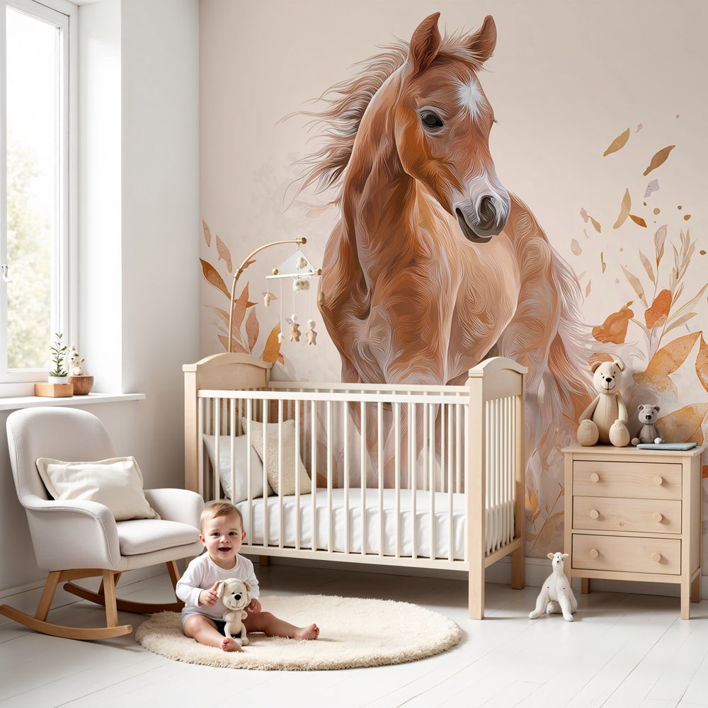 Majestic horse mural wallpaper creating serene atmosphere in modern nursery by Kids-Mundo
